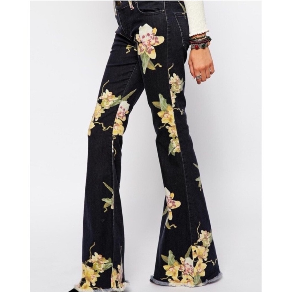 Free People Black Floral Flare Jeans